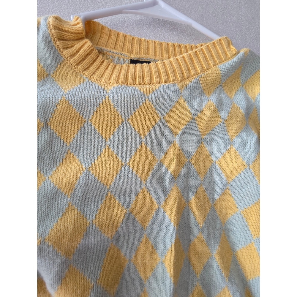 Forever 21 Womens Argyle Knit Short Sleeve Sweater Yellow Mint Green Small 0553 - Picture 5 of 8